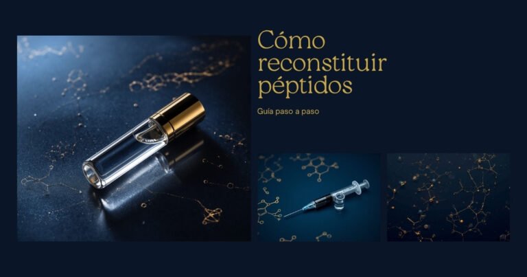 Vial de péptido liofilizado y jeringa sobre fondo azul marino — guía de reconstitución de NovaGex