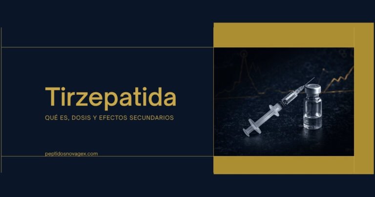 Jeringa de insulina y vial de tirzepatida sobre fondo azul marino — guía técnica de NovaGex